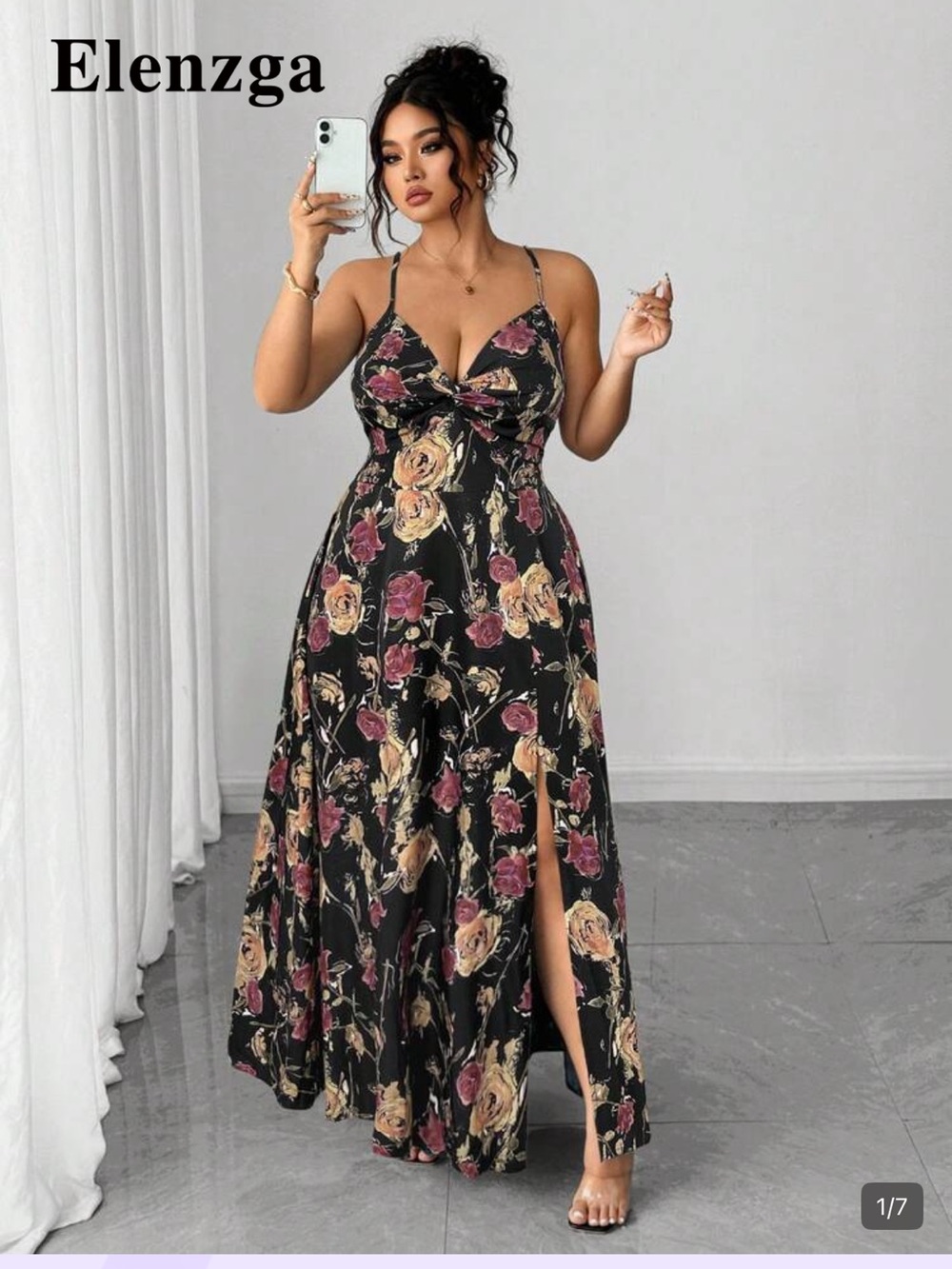 SHEIN curve plus 2XL Black Floral Twist-Front Maxi Dress with Side Slit